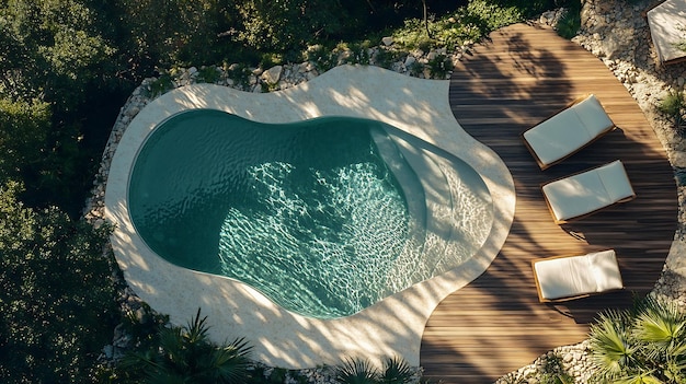 Photo aerial view of a swimming pool with wavy and curved shapes around the pool there is generative ai