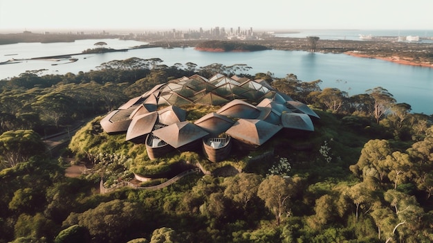 An aerial view of the sydney zoo with a large building with a large roof that says'the sydney zoo '