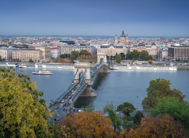 Aerial view of Szechenyi Chain Bridge Danube River and St Stephens Basilica Budapest Hungary