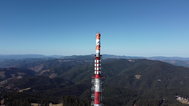 Aerial view of telecommunications tower at Snezhanka peak near Pamporovo in Bulgaria