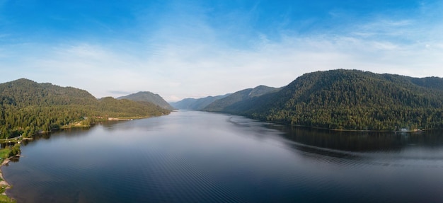 Aerial view on teletskoye lake in altai mountains siberia russia drone shot beauty summer day