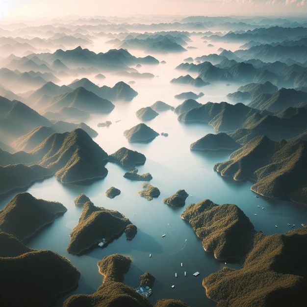 Aerial View of Thousand Island Lake Bird view of Freshwater Qiandaohu Sunken Valley in Chunan Country Hangzhou Zhejiang Province China Mainland