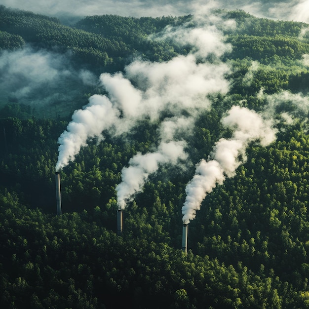 Photo aerial view of three smokestacks emitting white smoke into a green forest