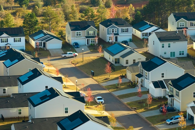 Aerial view of tightly located new family houses in South Carolina suburban area Real estate development in american suburbs