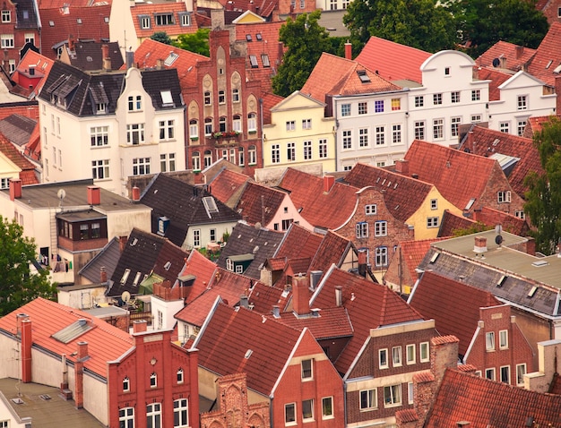 Aerial view of tiled roofs of ancient town Lubeck GermanyxA