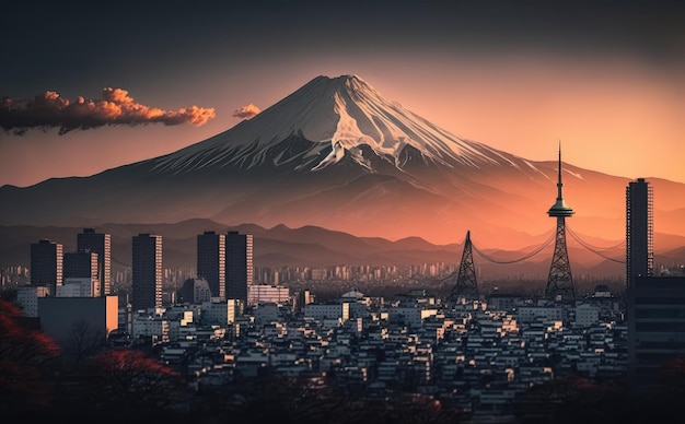 Aerial view of Tokyo cityscape with Fuji mountain in Japan Generative AI