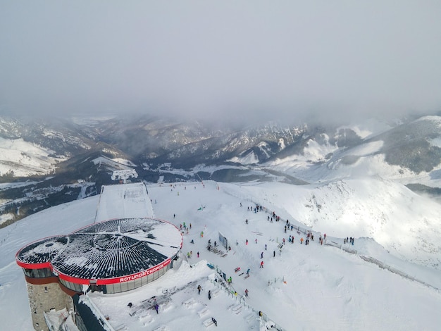 Aerial view of top ski lift cabin station on chopok mountain