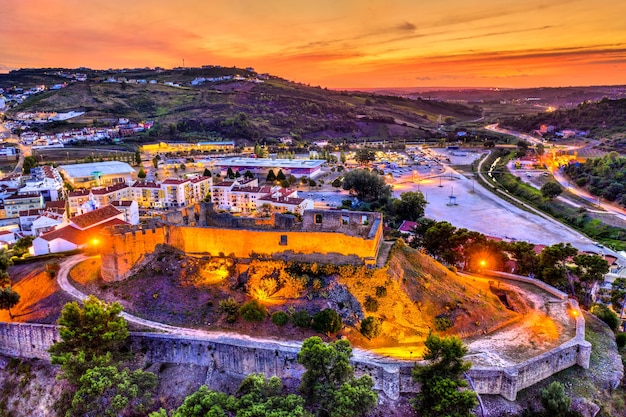 Aerial view of the Torres Vedras Castle near Lisbon in Portugal at sunset