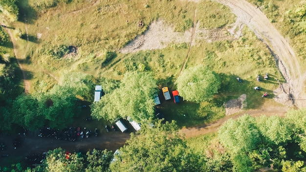 Aerial view of a tourist camp in a picturesque location near the river