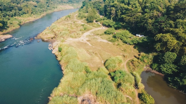 Aerial view of a tourist camp in a picturesque location near the river