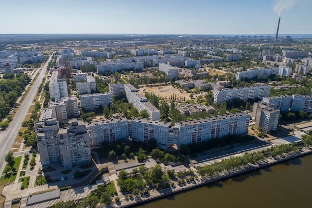 Aerial view of town Energodar Ukraine The satellite city of Europe's most atomic power station Aerial photography