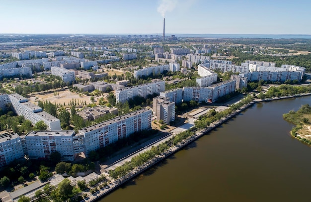 Aerial view of town Energodar Ukraine The satellite city of Europe's most atomic power station Aerial photography