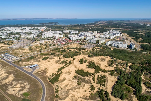 Aerial view of town Energodar Ukraine The satellite city of Europe's most atomic power station Aerial photography