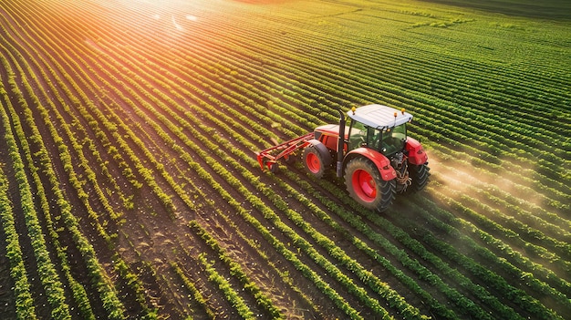 Aerial View of Tractor Fertilizing Cultivated Agricultural Field