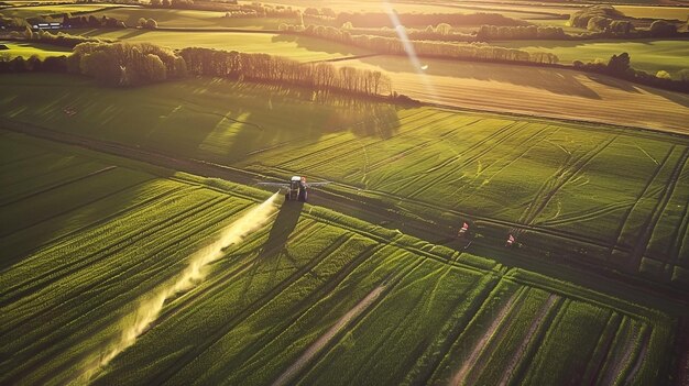 Photo aerial view of tractor spraying crops in sunlit green fields from topdown perspective