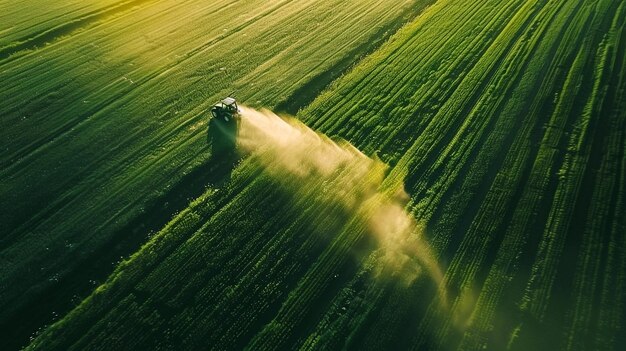 Photo aerial view of tractor spraying crops in sunlit green fields from topdown perspective