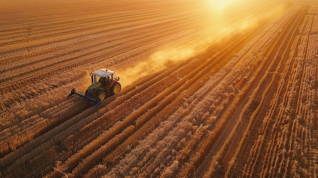 Aerial view of a tractor working a field at sunset