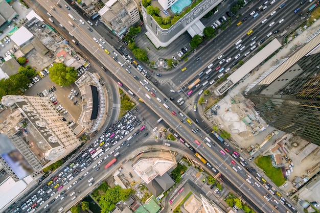 aerial view of traffic junction and transportation road in city, top bird eyes view