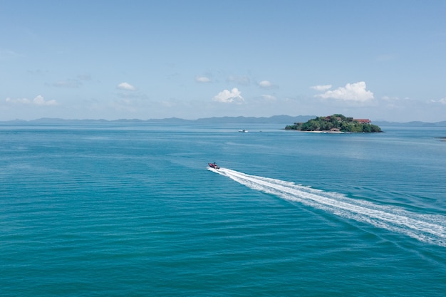 Aerial view of the trail on the water from the boat