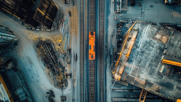 Aerial View of Train Car on Railroad Tracks in Industrial Area