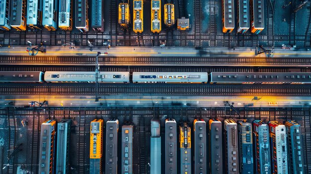 Photo aerial view of a train station with many train cars in a grid pattern