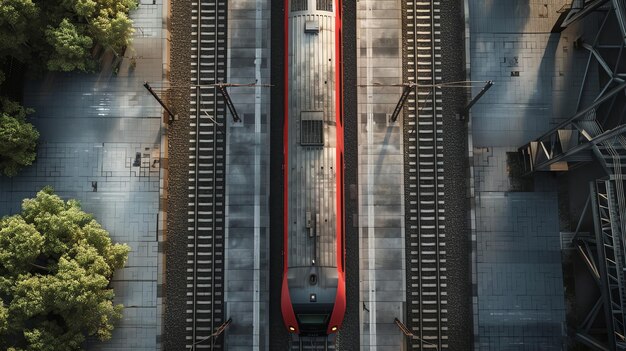 Aerial view of a train on the tracks at a train station