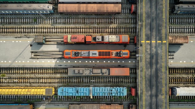 Aerial view of a train yard with multiple freight cars and locomotives