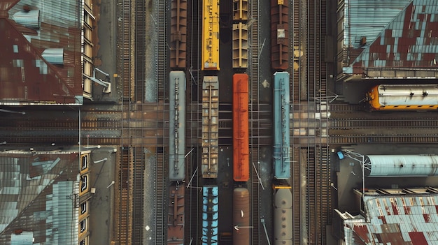 Photo aerial view of a train yard with multiple train cars in various colors