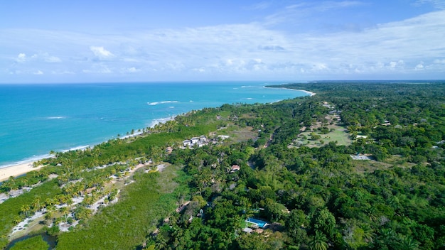 Aerial view of Trancoso Porto Seguro Bahia Brazil Small chapel in the historic center of Trancoso called Quadrado With the sea in the background