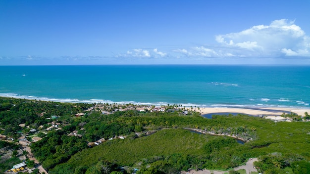 Aerial view of Trancoso Porto Seguro Bahia Brazil Small chapel in the historic center of Trancoso called Quadrado With the sea in the background