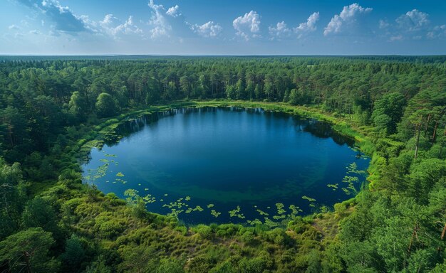 Aerial View of a Tranquil Lake Surrounded by Lush Forest