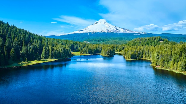 Aerial View of Tranquil Lake with Mount Hood and Evergreen Forest