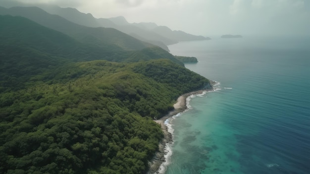 Aerial view of a tropical beach with mountains and blue sea.