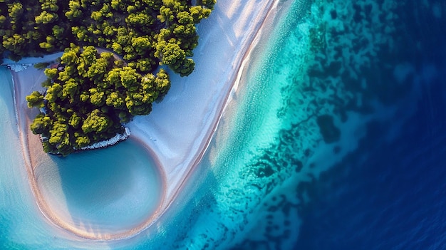 aerial view of a tropical island with a beach and trees on the water