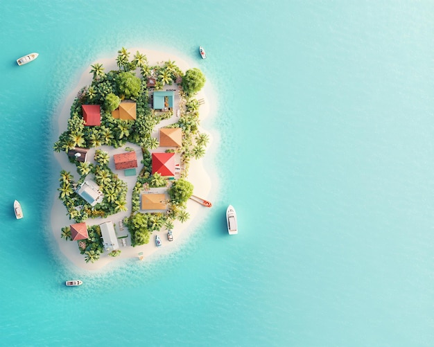 Aerial view of a tropical island with colorful houses lush greenery and crystalclear water