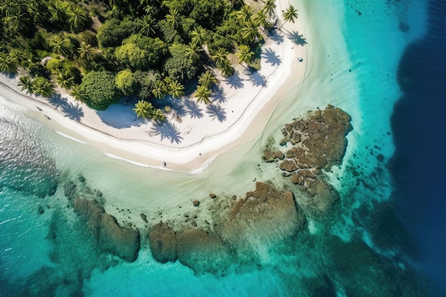 An aerial view of a tropical island with palm trees on the shore.