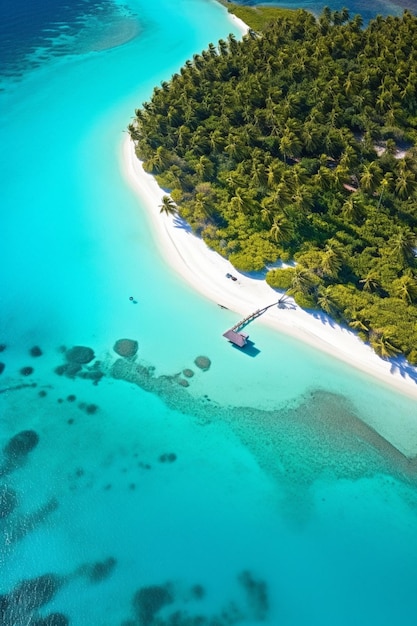 Aerial view of a tropical island with a white sand beach and a blue ocean.