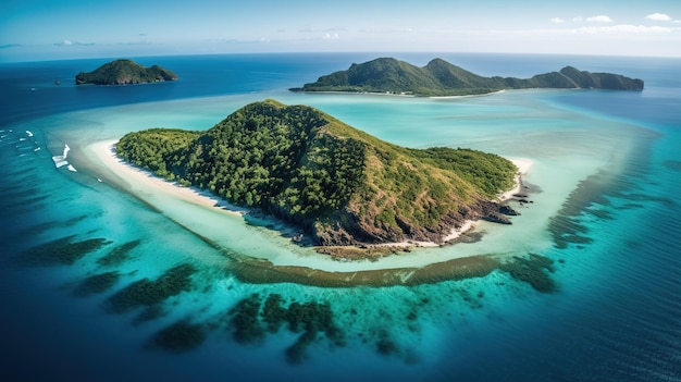 An aerial view of a tropical island with a white sand beach and blue water.