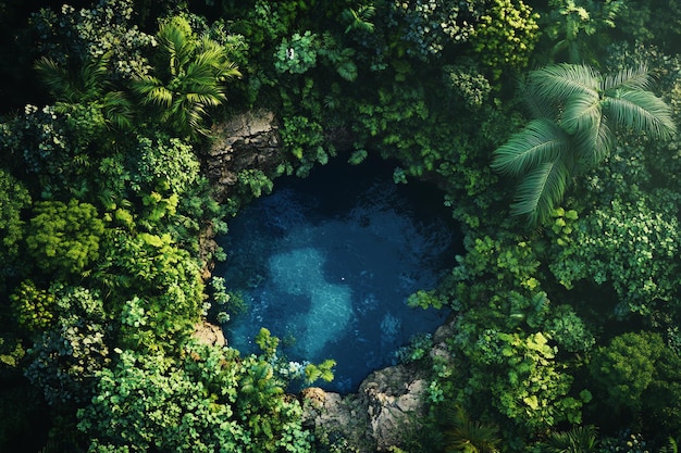 Photo aerial view of a tropical lagoon surrounded by lush greenery