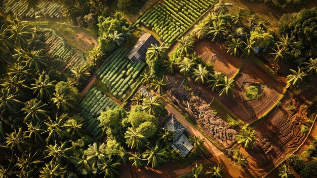 Photo an aerial view of a tropical landscape with palm trees farmland and a small house