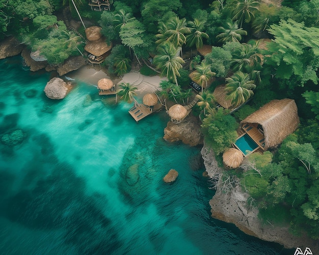 Aerial view of a tropical resort with a pool and thatched huts