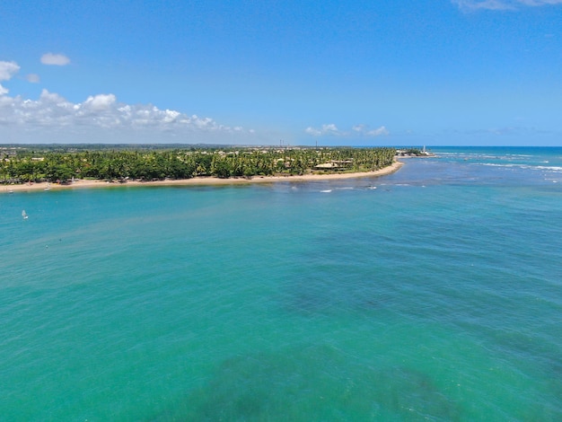 Aerial view of tropical white sand beach palm trees and turquoise sea water in Brazil