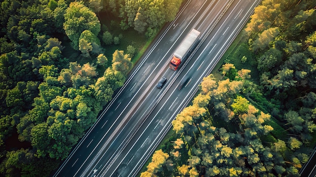 Aerial view of a truck and cars on a highway road through a green forest