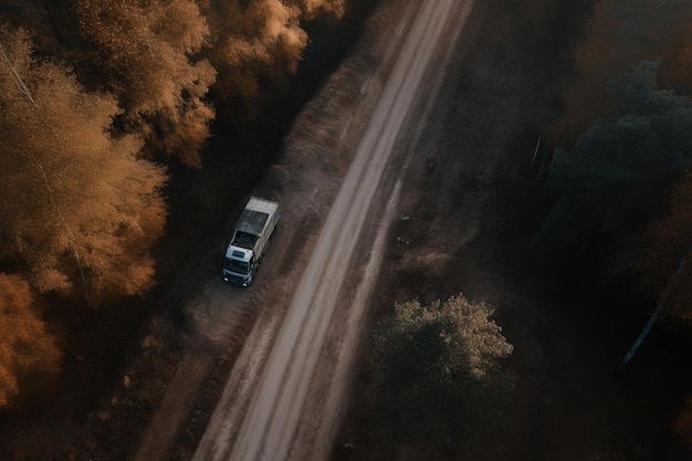 An aerial view of a truck driving down a dirt road generative AI