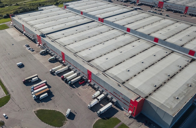 Aerial view of trucks loading at logistic center