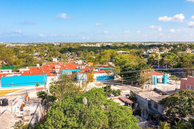 Aerial view of the Tulum town from above. Small Mexican village near Cancun.