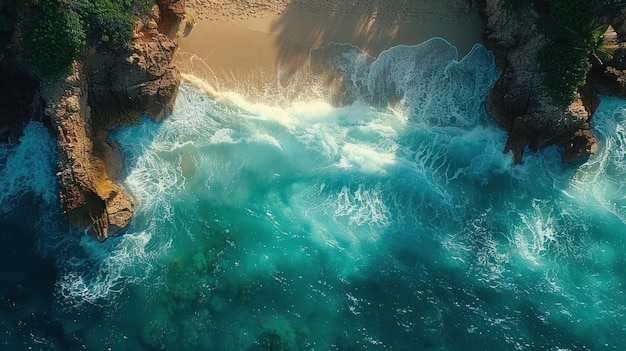 Aerial View of Turquoise Ocean Waves Crashing on Sandy Beach