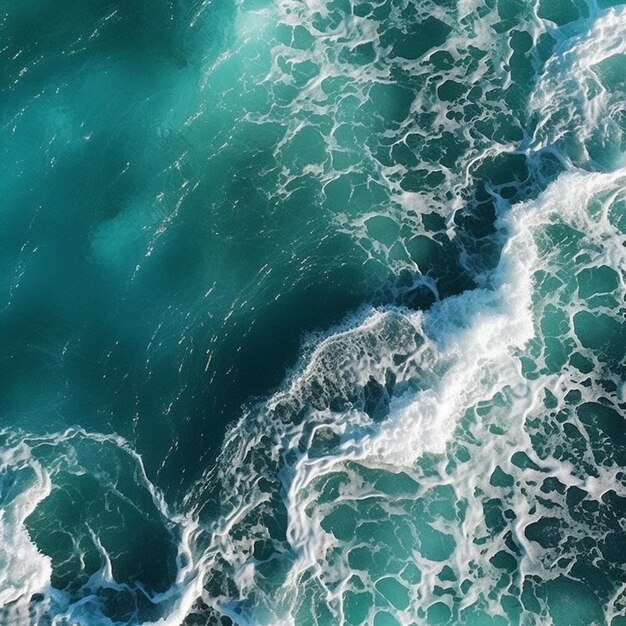 An aerial view of a turquoise sea with a blue water surface and a green wave.