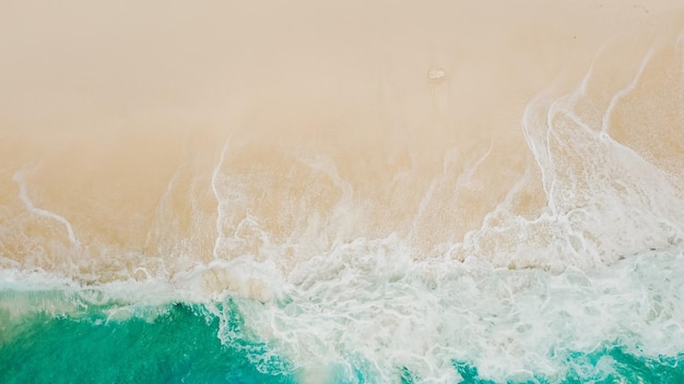 Aerial view of turquoise water and very beautiful white sand