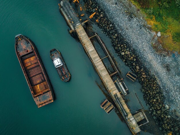 Photo aerial view of two boats moored at a dock